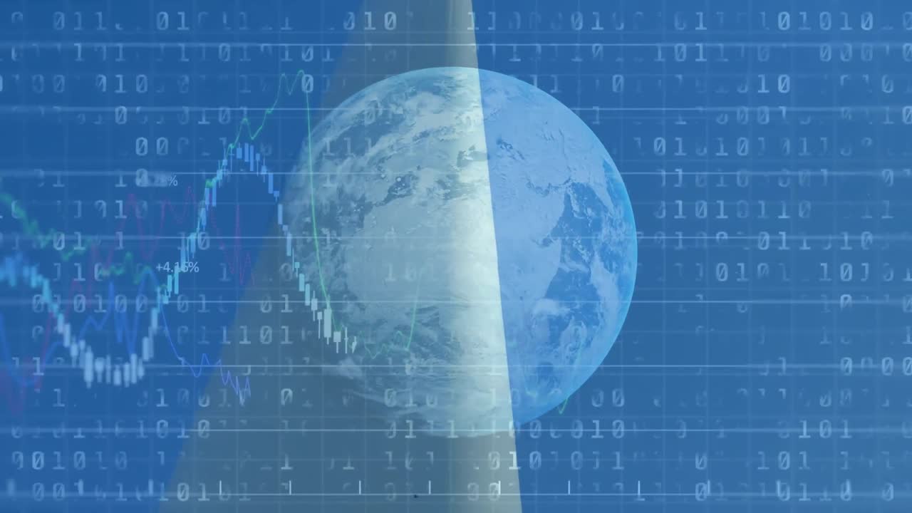 Animation of binary coding, data processing and globe over wind turbine