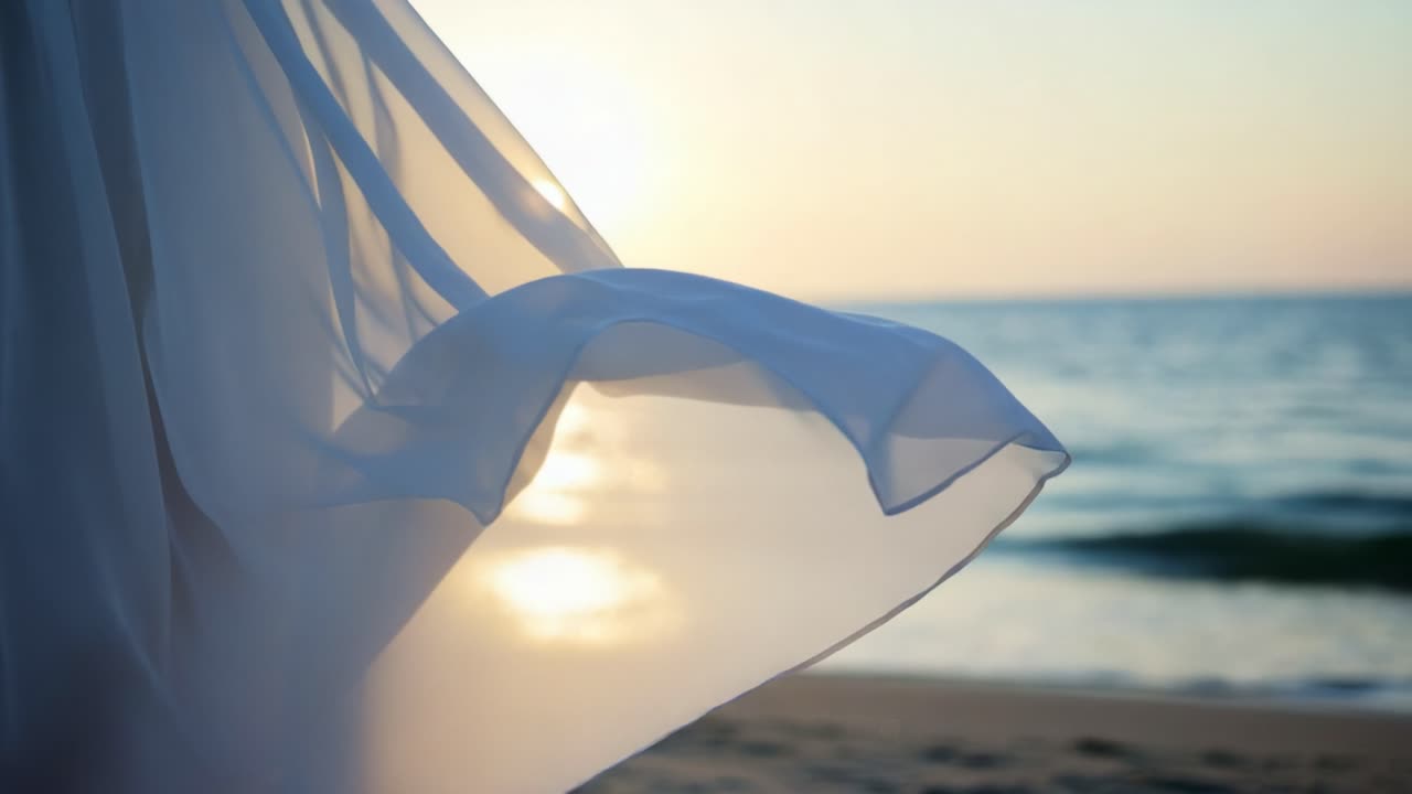 A flowing fabric dances in the gentle breeze near the ocean at sunset, capturing the ethereal beauty and serene moment against the fading light of day