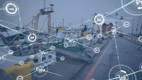 animación de la red de conexiones a través de drones con paquetes sobre el puerto