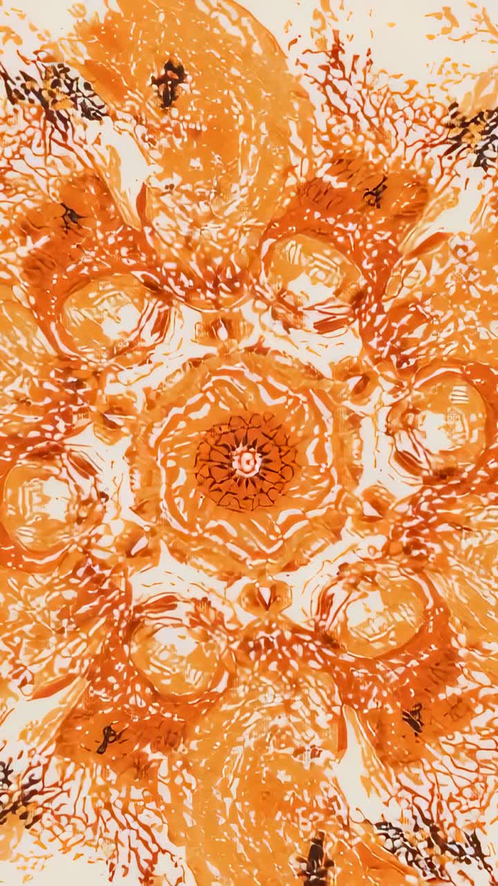 Video verticale: loop iniziale di un mandala arancione increspato, anelli che pulsano su sfondo bianco sporco