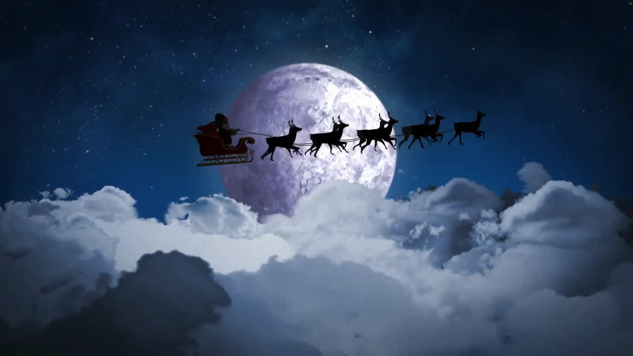 Animation of santa in sleigh over moon
