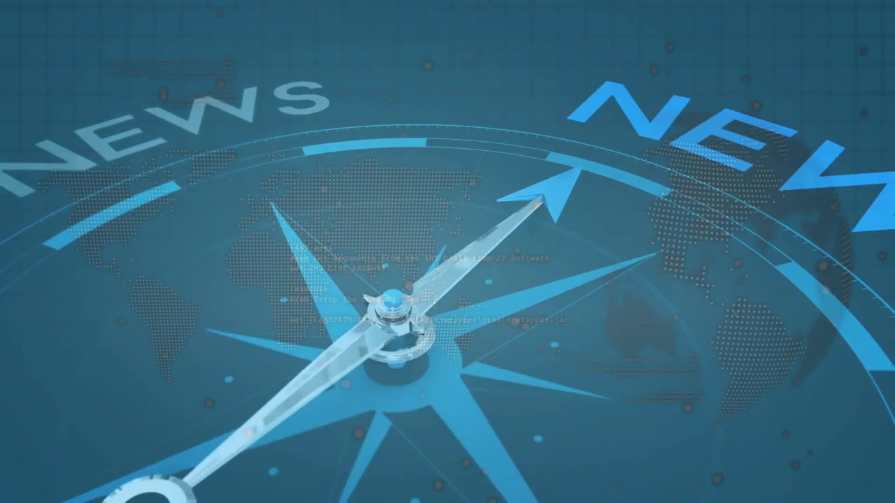 Compass rose rotating with transparent needle over dotted world map with NEWS text in flat design