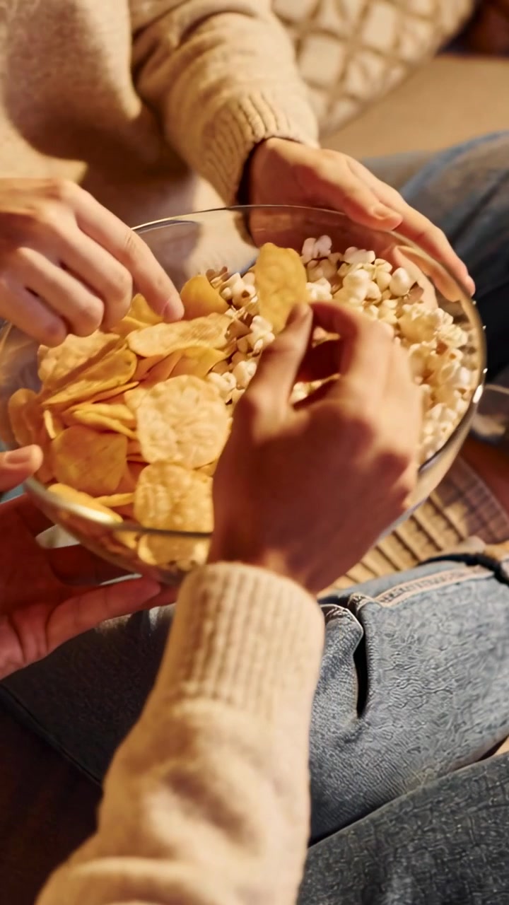 Vertikales Video: Zwei Erwachsene auf der Couch greifen in eine Schüssel auf ihren Schoß, teilen Chips und Popcorn.