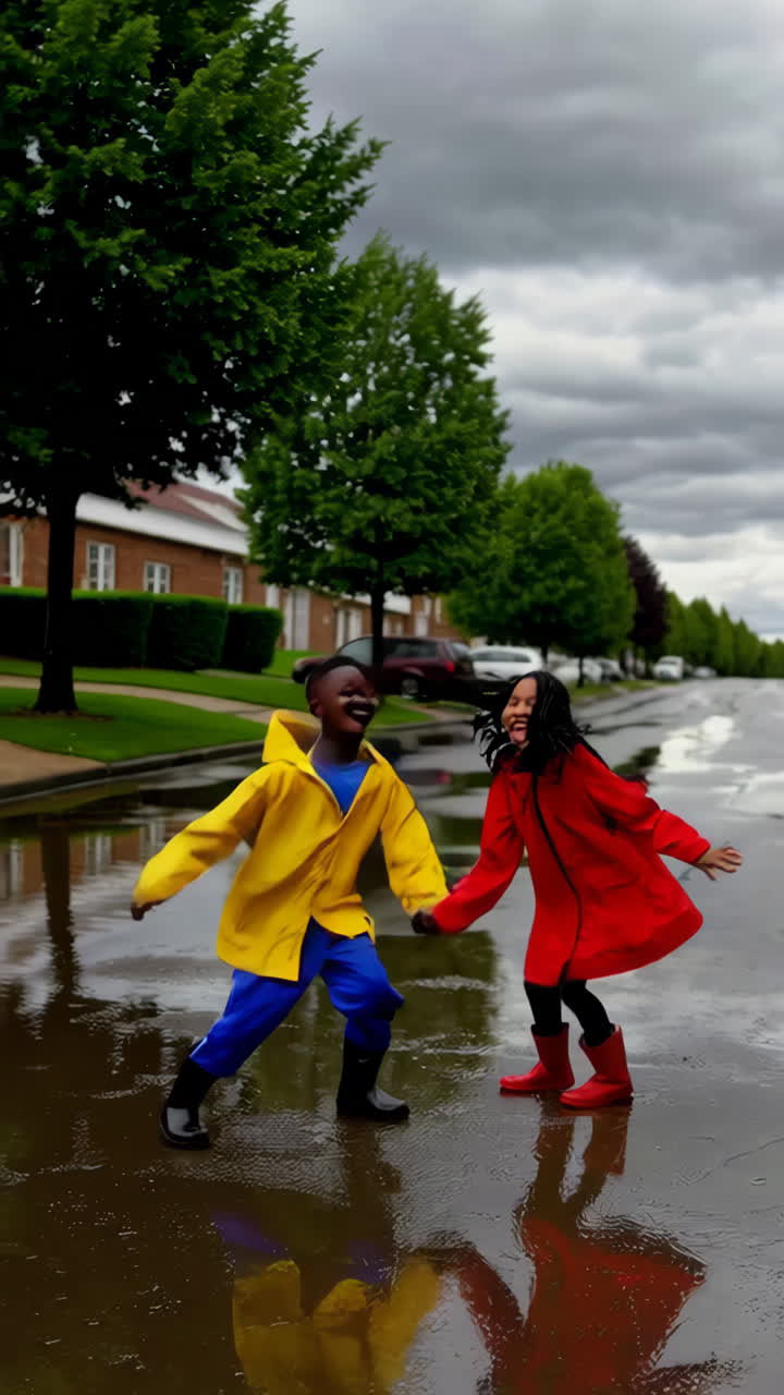 Children Playing Joyfully in Puddles on a Wet Street