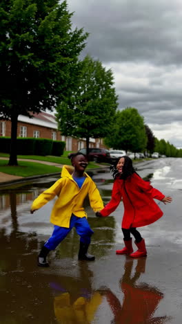 children playing joyfully in puddles on a wet street