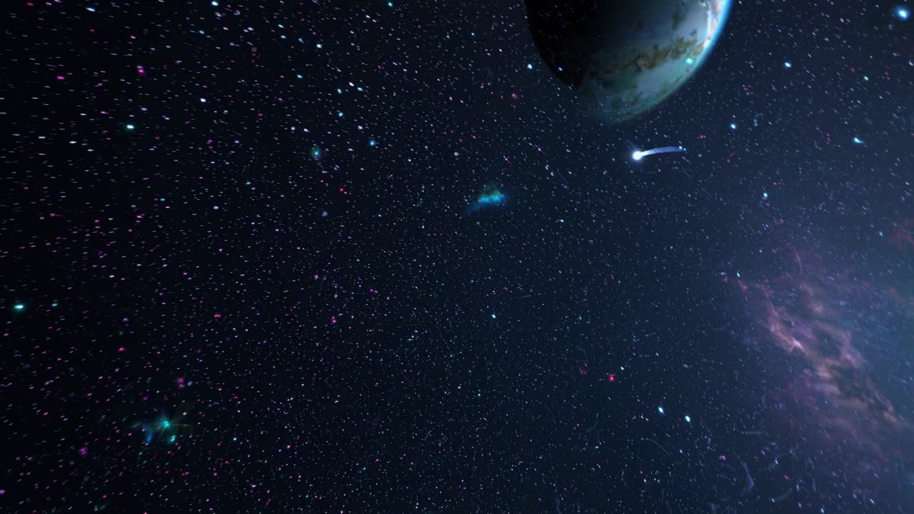 A cosmic video scene showing a comet streaking through space