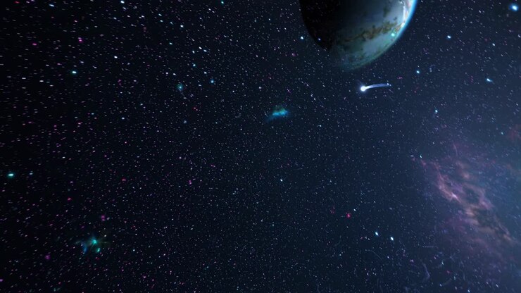 A cosmic video scene showing a comet streaking through space