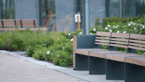 modern park benches in urban setting