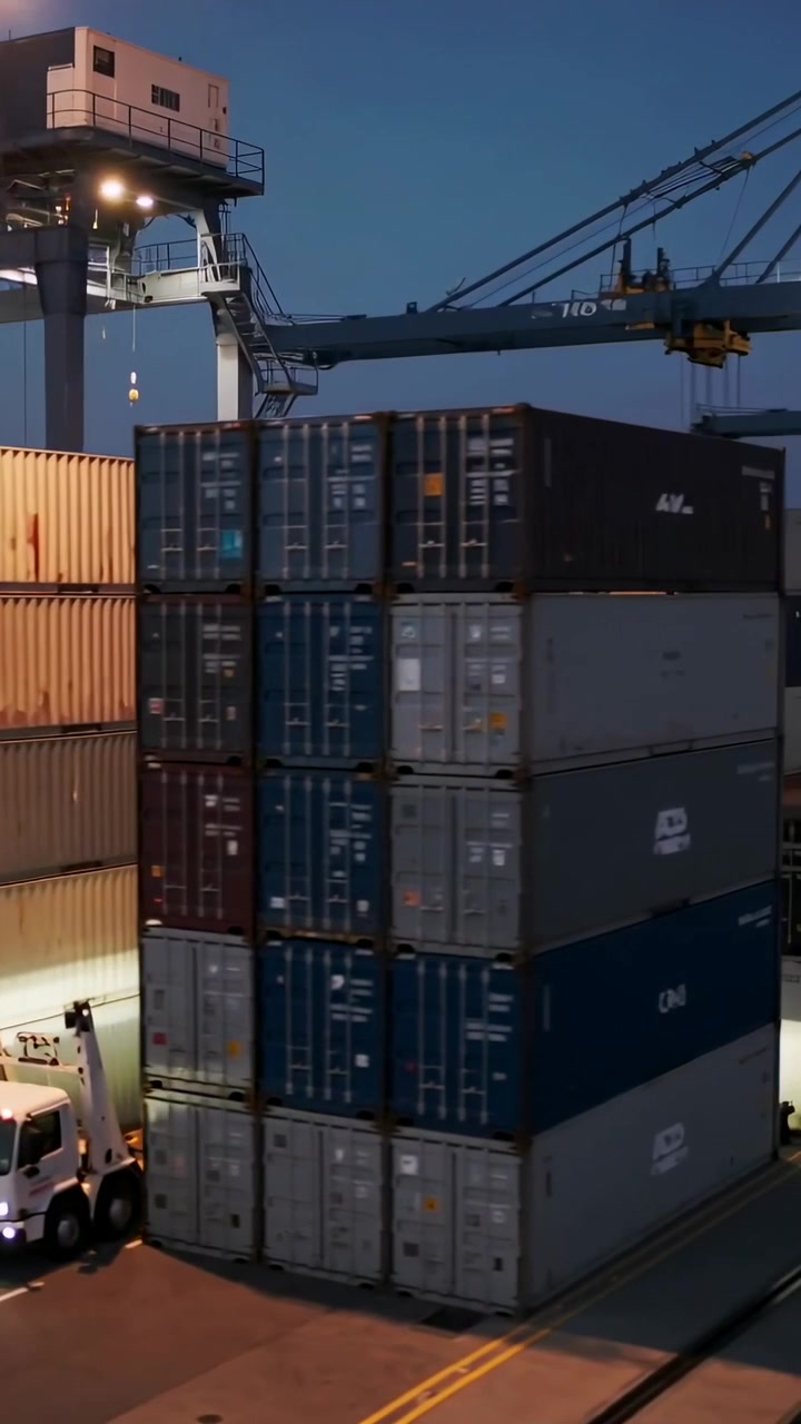 Vertical video: Entering truck moving between stacks at port by crane, workers in vests guiding out