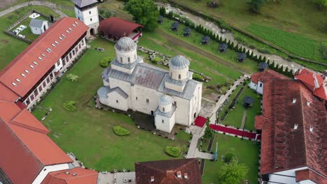 mileševa monastery, traditional architecture in remote serbian village, aerial