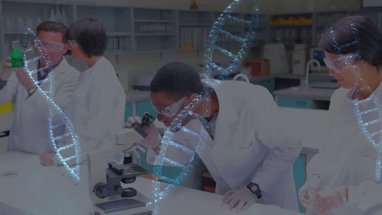 Lab team, left tech raising green flask starting DNA demo, tech using scope, helix overlaying faces