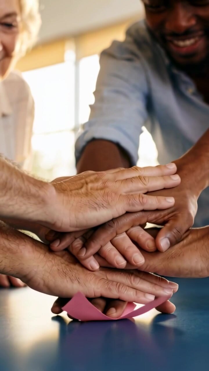 Vertical video: Leaning adults placing hands together at table supporting pink awareness ribbon