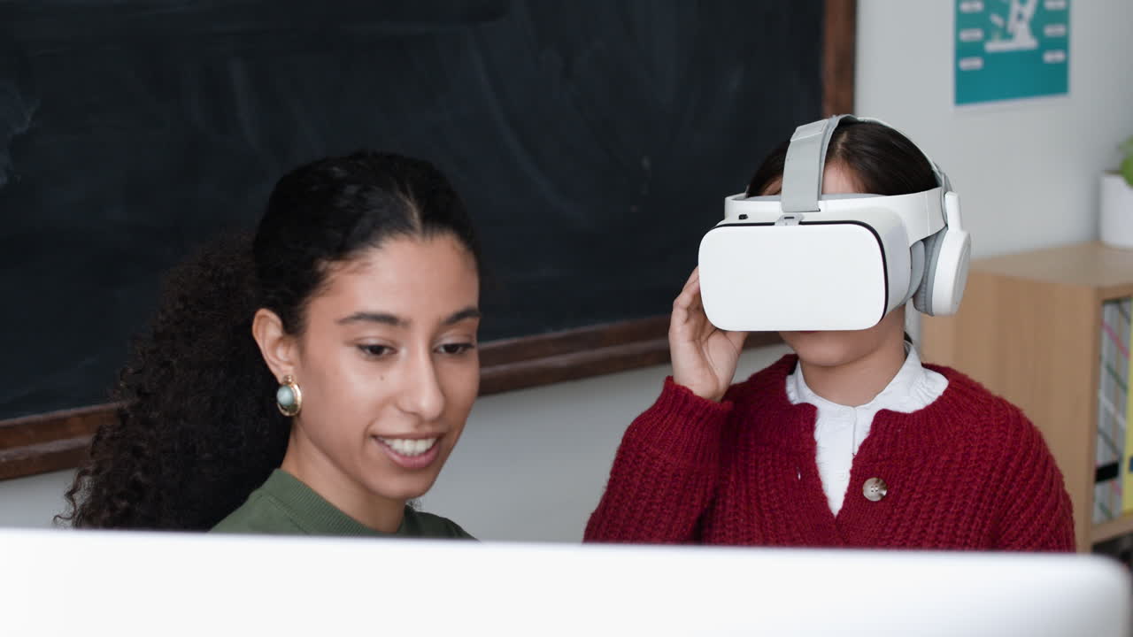 Teacher and Student Using Virtual Reality Headset in Classroom