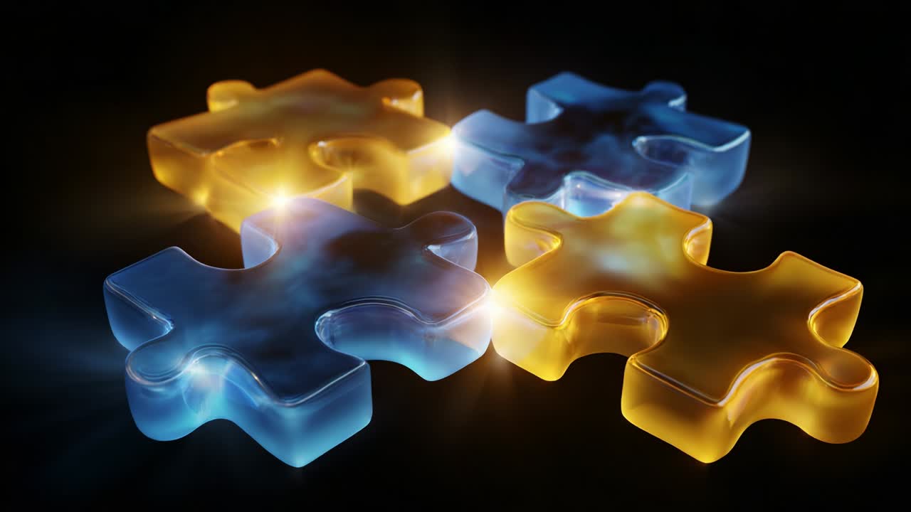 Illuminated Puzzle Pieces: A Stunning Visual Journey Through Translucent Blue and Yellow Forms That Capture the Essence of Connection, Creativity, and Problem Solving in a Vibrant Display of Light