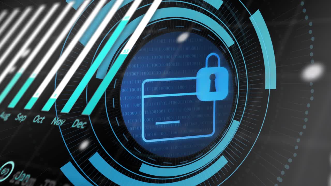 Bars intensifying, interface forming around card lock icon while elements sliding and securing data
