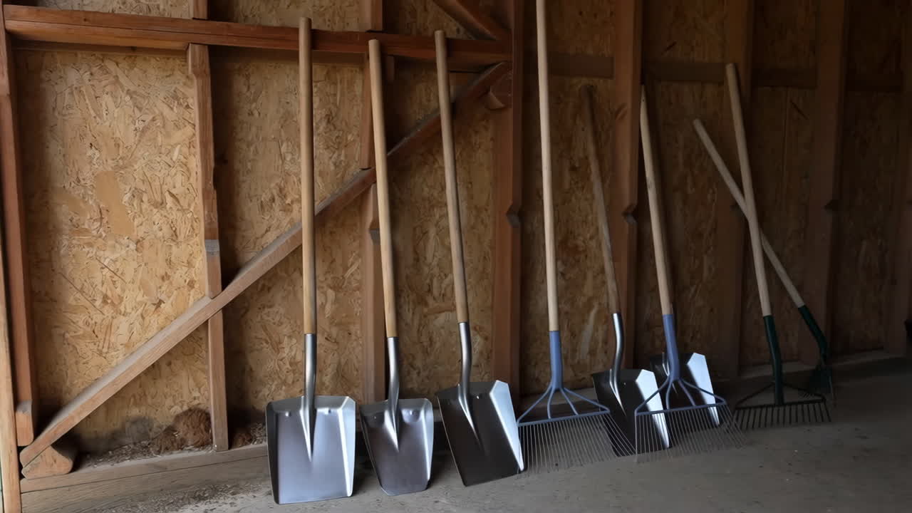 Various gardening tools leaning against a wooden wall in a shed