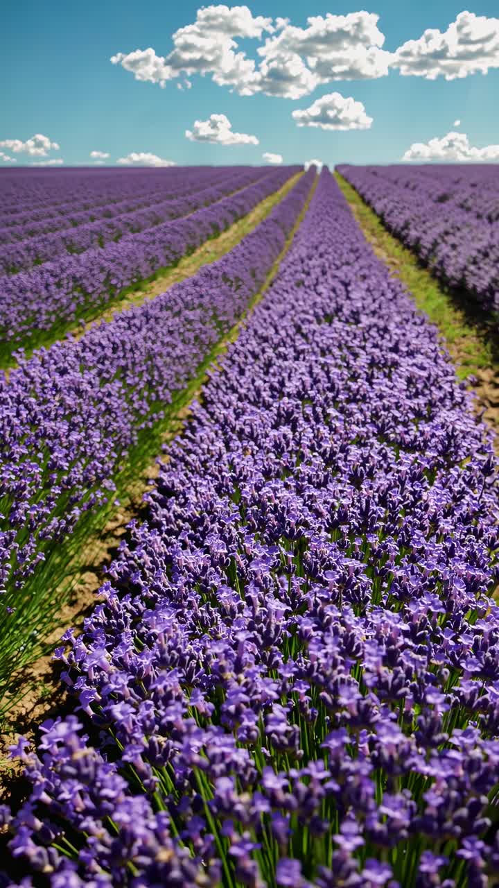 Vibrant lavender field under a blue sky with clouds, captured from a low angle