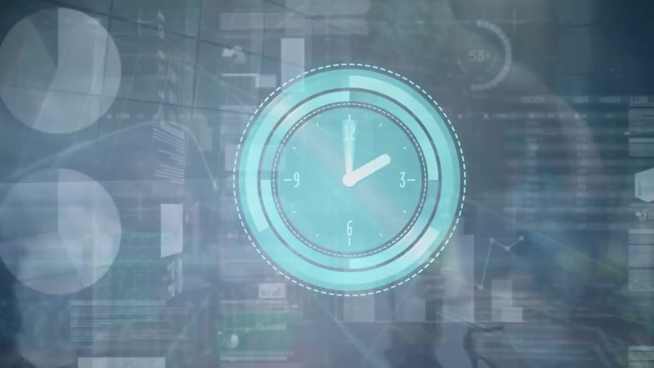 Animation of clock and financial data processing over cityscape