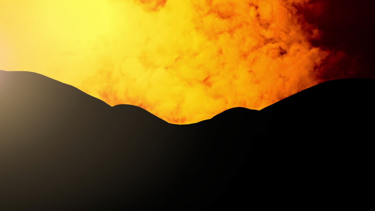 animación de nubes naranjas y amarillas que se mueven sobre el paisaje rural con montañas al atardecer