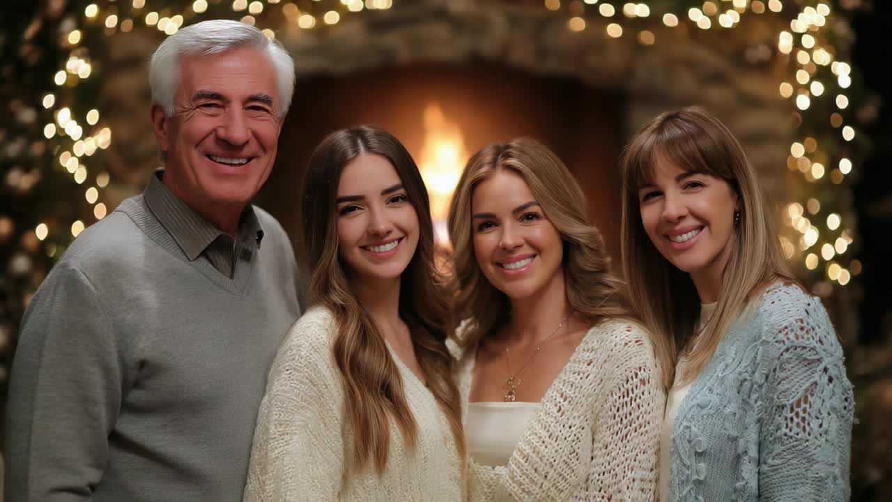 A Heartwarming Family Portrait Capturing Togetherness and Joy by a Cozy Fireplace with Festive Lights in the Background, Celebrating Love and Togetherness During the Holiday Season