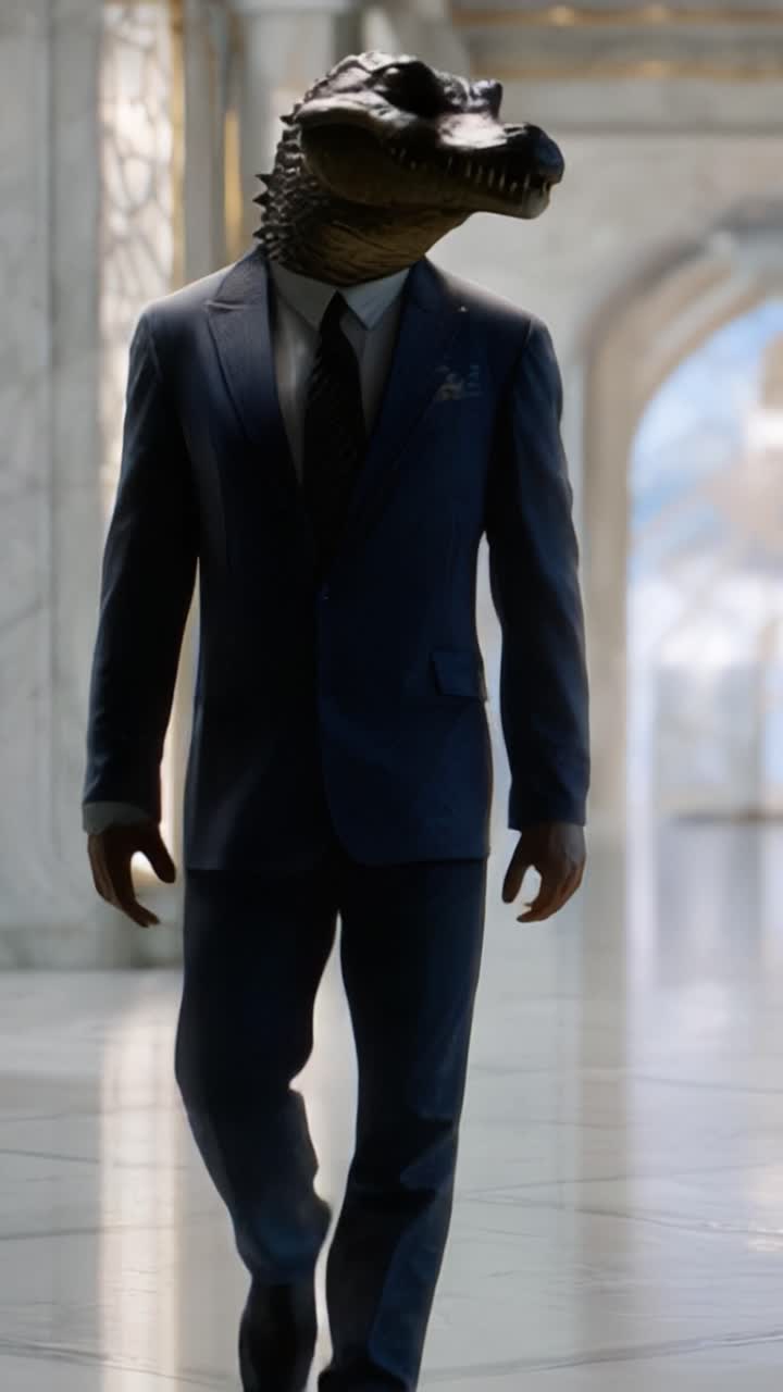 Una figura umanoide con la testa di coccodrillo cammina con sicurezza attraverso un corridoio elegante e opulento, mescolando elementi di surrealismo e fantasia in un'ambientazione lussuosa.