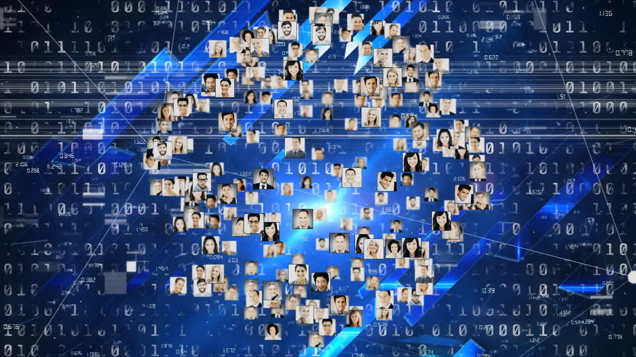 Animation of rotating globe of people portraits over information and data processing on turquoise