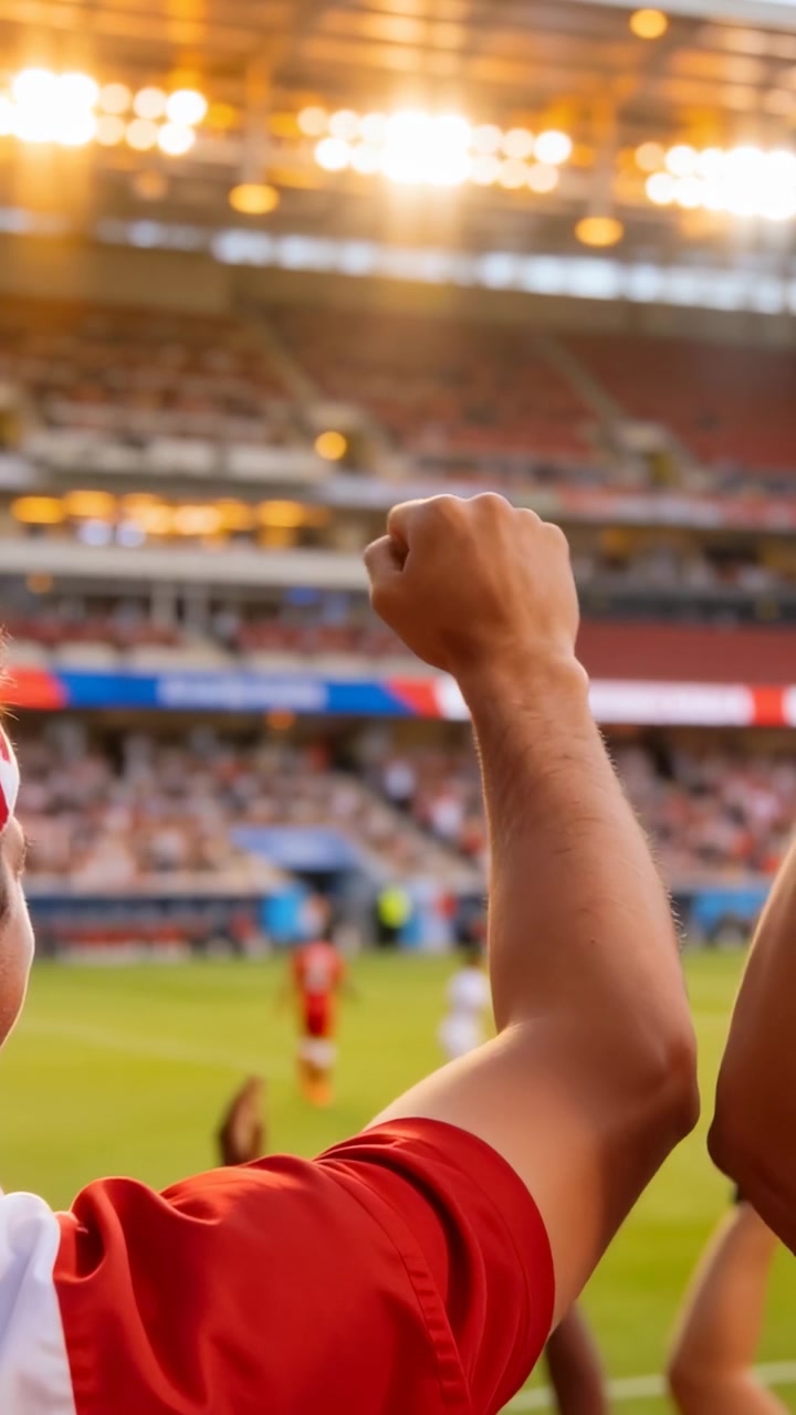 Video vertical: Reaccionando a un partido, un aficionado con camiseta roja levantando y agitando el puño derecho en el estadio, con una diadema.
