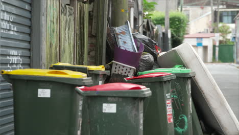 Wheelie-bins,-household-rubbish-an-a-used-old-mattress-sit-on-a-residential-backstreet-in-innerwest-Sydney,-Australia