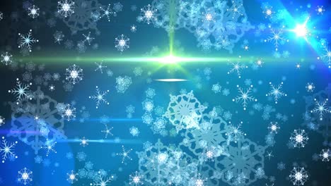 Animation-of-hexagons-pattern,-moving-lens-flare-and-looping-snowflakes-against-blue-background