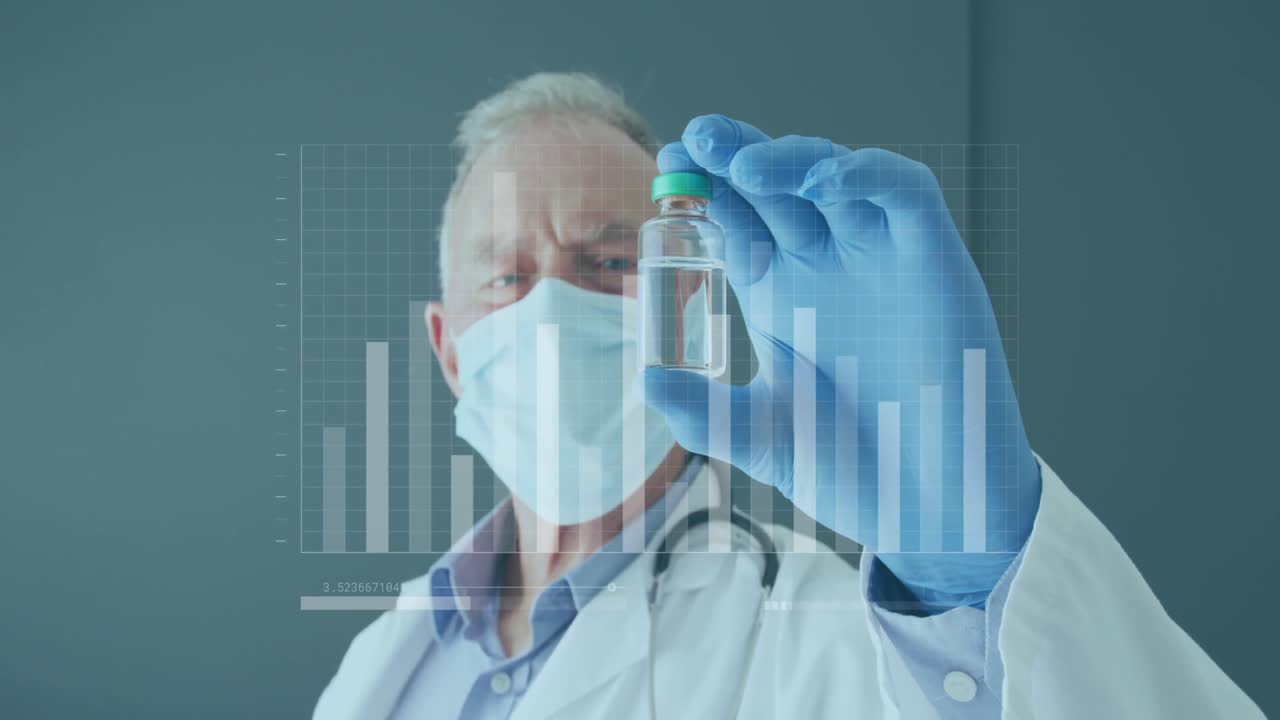 바 그래프의 애니메이션은 마스크를 흔들고 액체로 가득 찬 병을 움직이는 고위 백인 의사입니다.