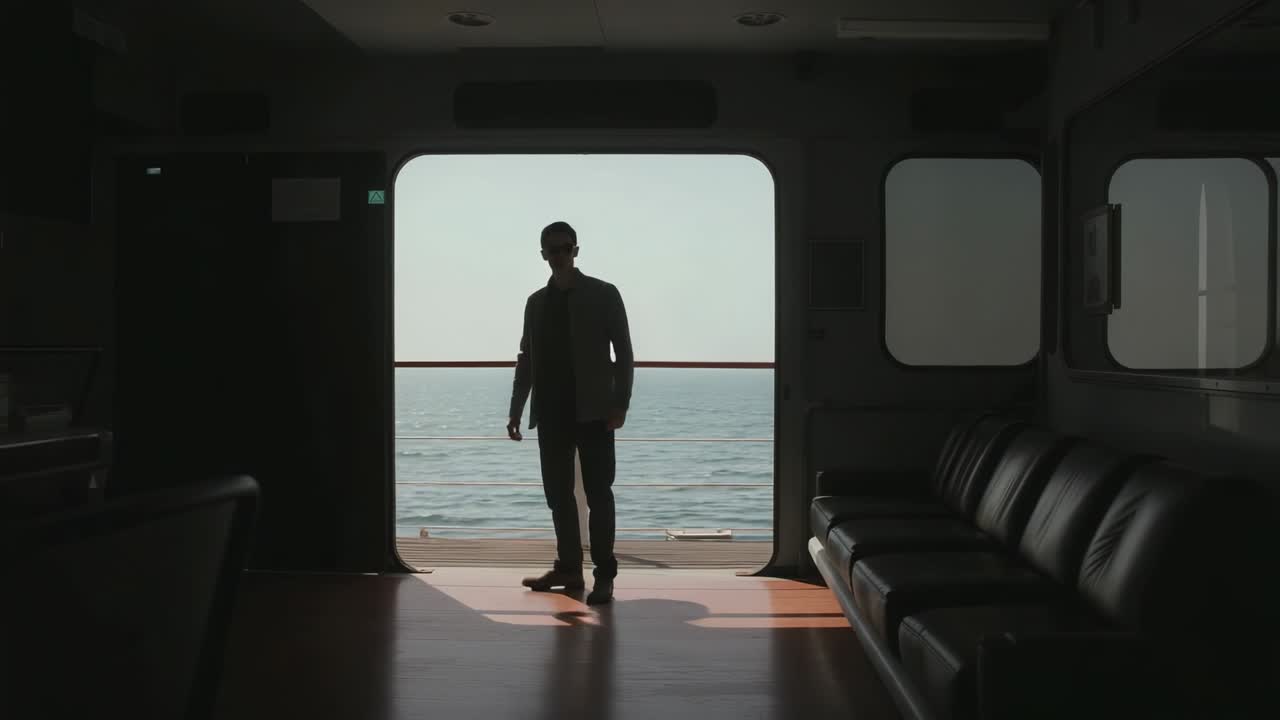 Shifting weight man carrying shoulder bag walking from ferry doorway into cabin, sunlight patch
