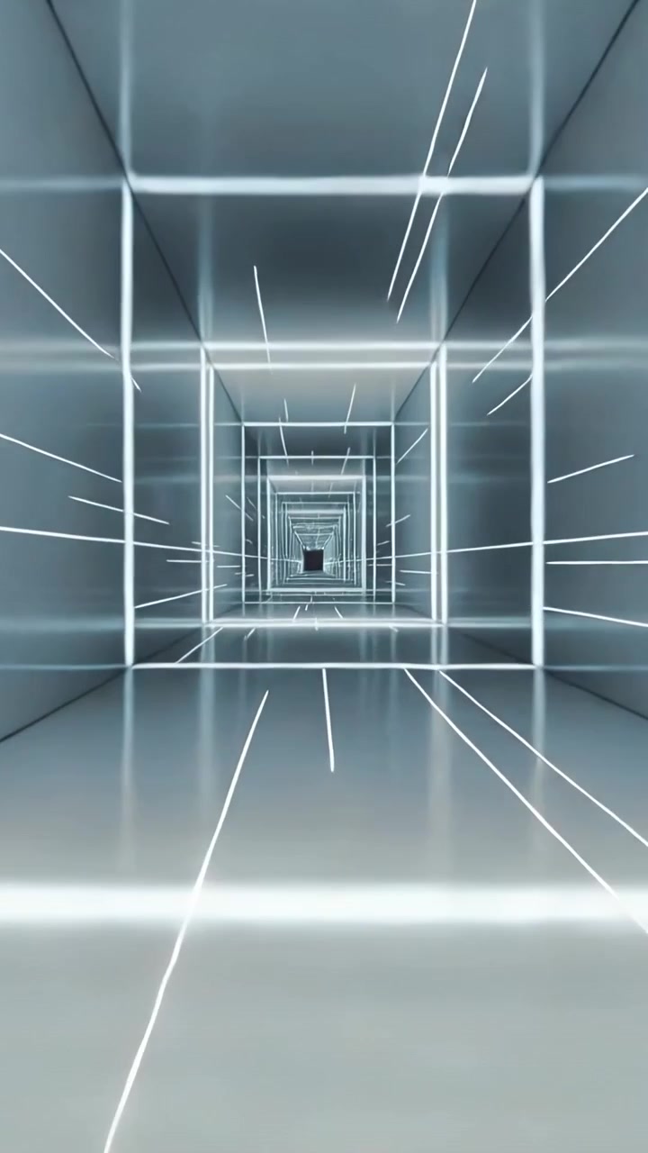 Video verticale: Telecamera in movimento attraverso un tunnel quadrato illuminato verso il centro scuro, riflettendo strisce bianche