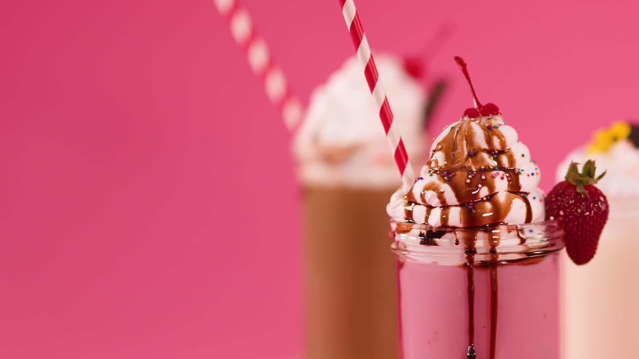 Hand uses spoon to scoop whipped cream from colorful strawberry milkshake under bright studio lighting