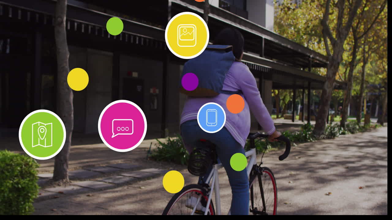 Animation of social media icons and business data over biracial woman cycling