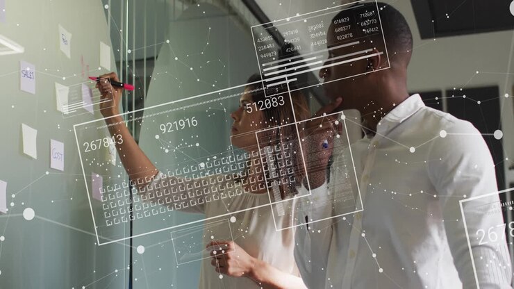 Animation of data processing over diverse business people in office