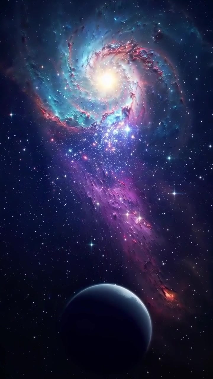Galaxia y nebulosa vibrantes con estrellas y un planeta en el espacio profundo.
