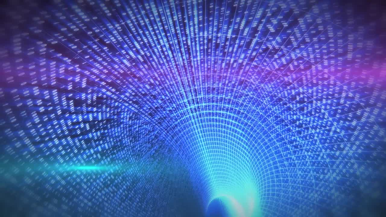 animación digital de senderos de luz rosada contra un túnel digital azul en el fondo