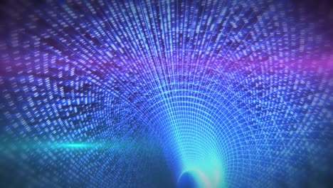digital animation of pink light trails against blue digital tunnel in background