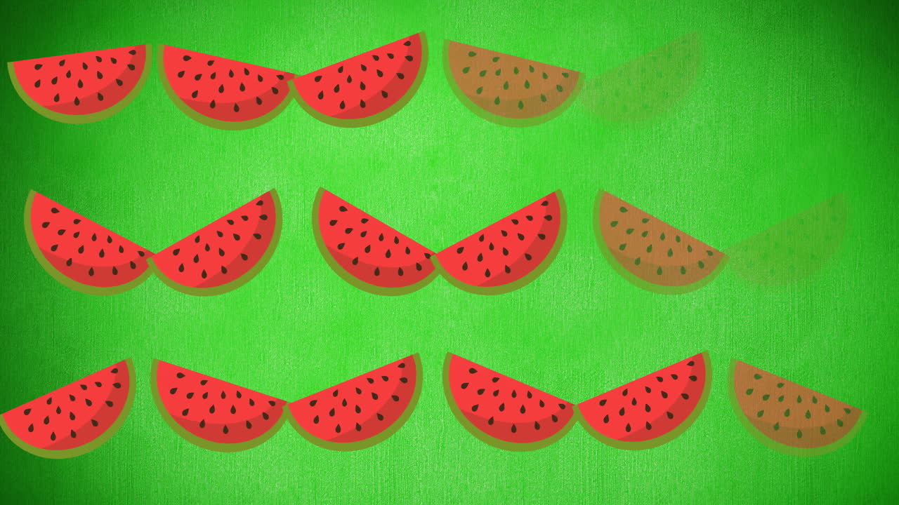 animación de sandías individuales flotando sobre un fondo verde