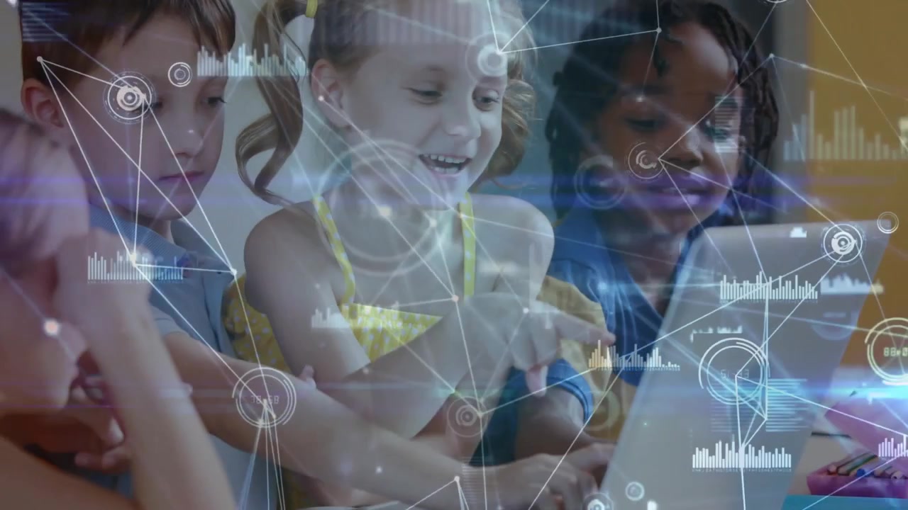 Girl clicking laptop trackpad activating animated nodes as classmates collaborating for education