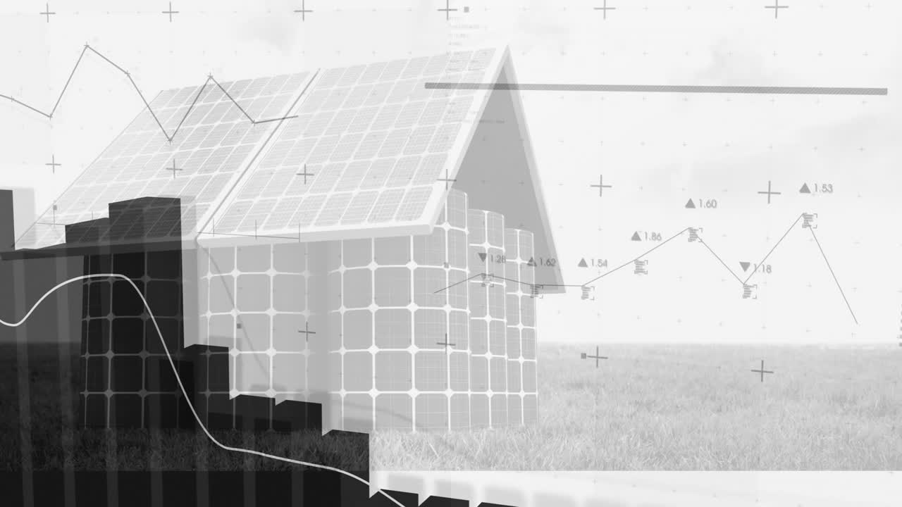 Animation showing data graphs overlaying solar panel house in school setting