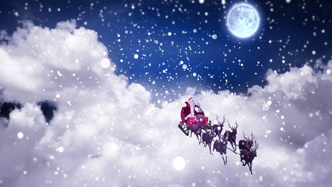 animación de nieve cayendo sobre la navidad santa claus en trineo con renos