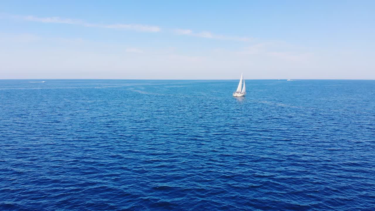 Aerial Drone Shot Of Glamorous Yacht Sailing Across Adriatic Sea. Umag, Croatia