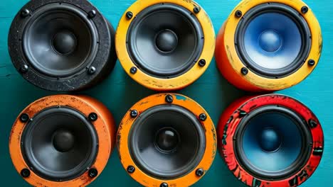 a group of speakers sitting on top of a blue surface