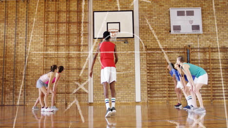 basketball players practicing on court with strategy diagram overlay animation