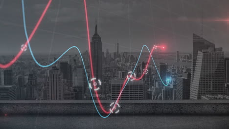 animation of data processing and diagrams over cityscape