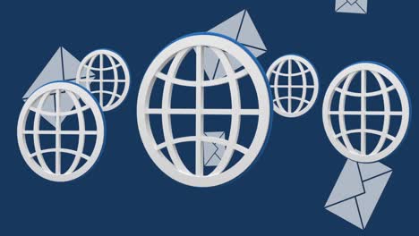 animation of emails and globes on navy background