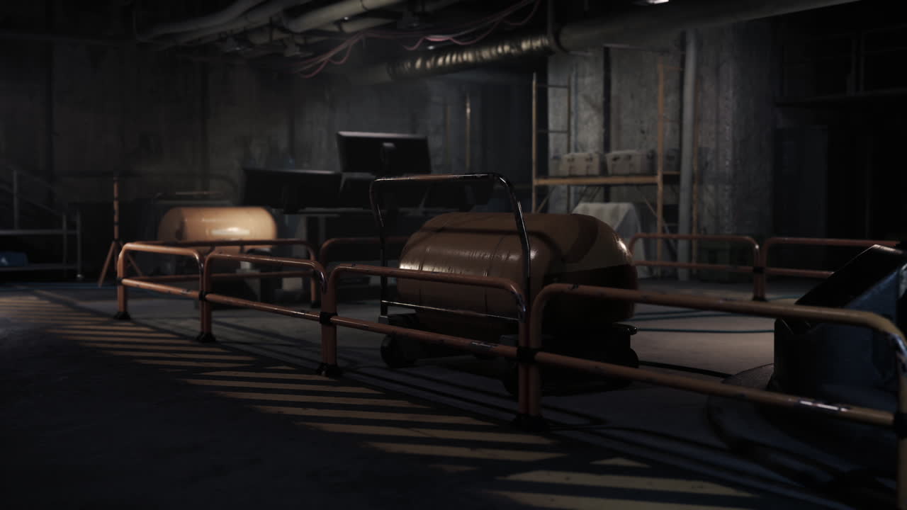 y sala subterránea industrial oscura con tanques de almacenamiento