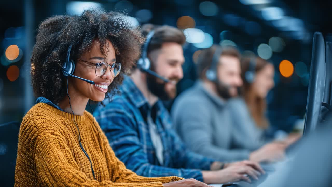 A Professional Team at Work: Engaged Call Center Agents Collaborate in a Modern Office Environment with Headsets and Focused Expressions on Their Faces