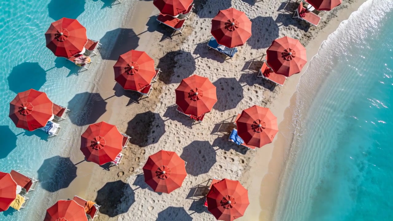 Telecamera drone in movimento che filma una griglia centrale di ombrelloni rossi in spiaggia, rivelando sedie, onde e un motivo.